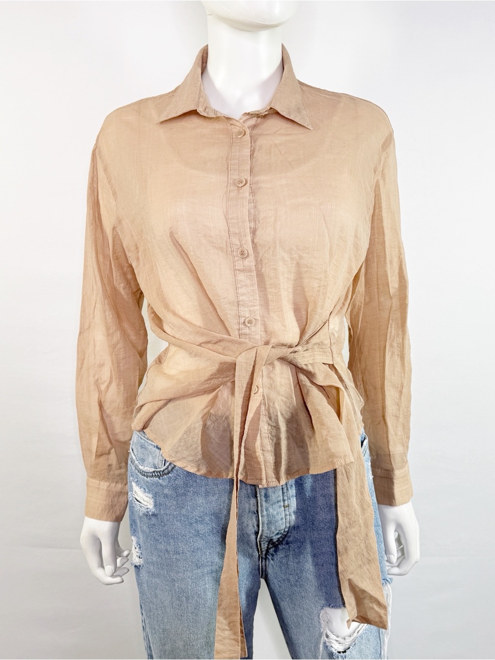 Oak + Fort Brown Button Down Tie Waist Shirt Size XS Business Casual Preppy
